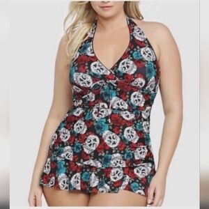 Torrid Skulls & Roses Skirted Swim Top Size 2 2X NWOT